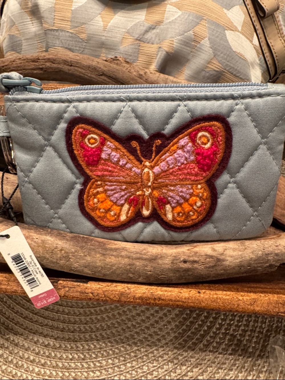Vera Bradley Light Blue Quilted Wristlet with Embroidered Orange/Pink Butterfly